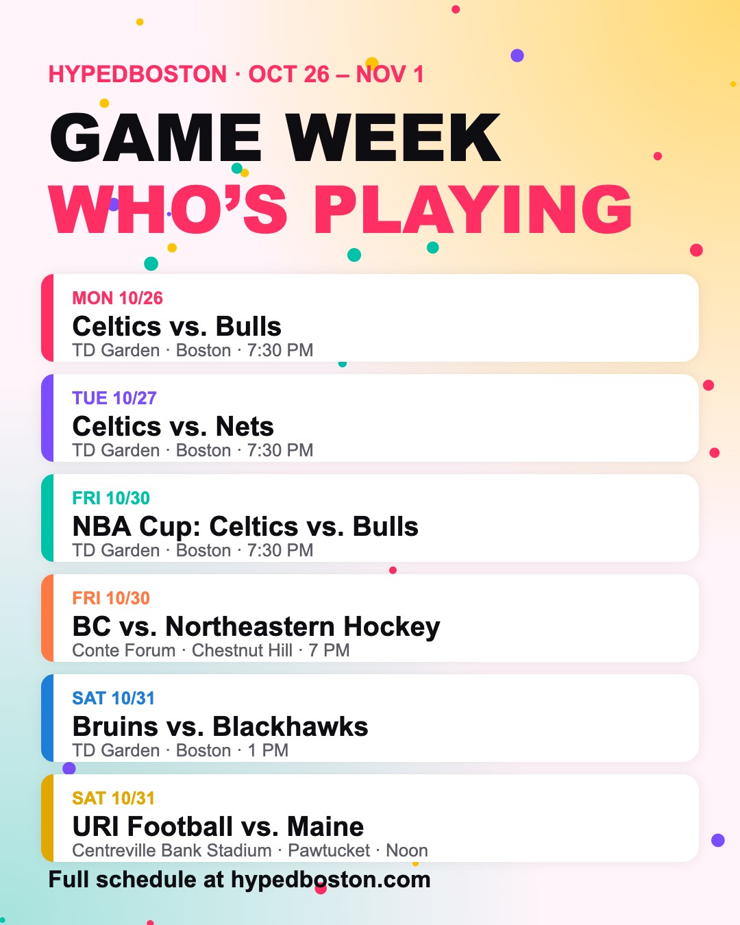 Game Week: Celtics, Bruins & College Sports Around Boston (Oct 26 – Nov 1)